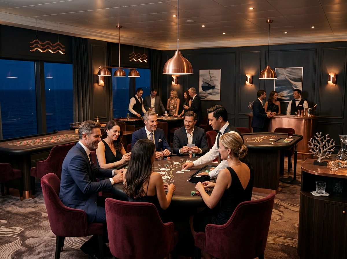 Stylised dark casino salon with burgundy seating aboard a cruise ship