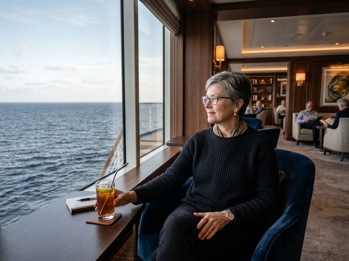 Adult traveler taking a calm break in an ocean lounge