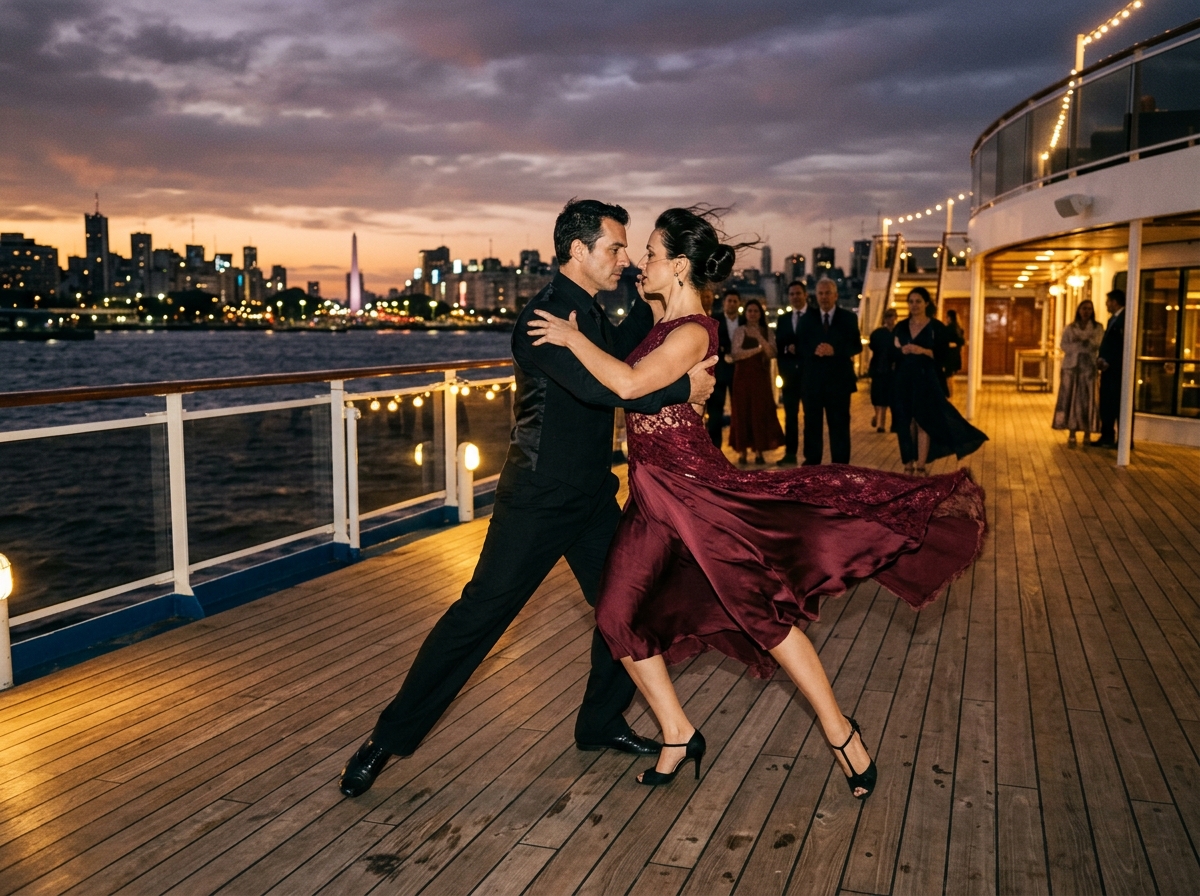 Silhouetted adult tango dancers on a cruise deck at dusk